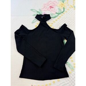 Haute Monde Black Ribbed Knit Cold Shoulder Long Sleeve Mock Neck Top Size S